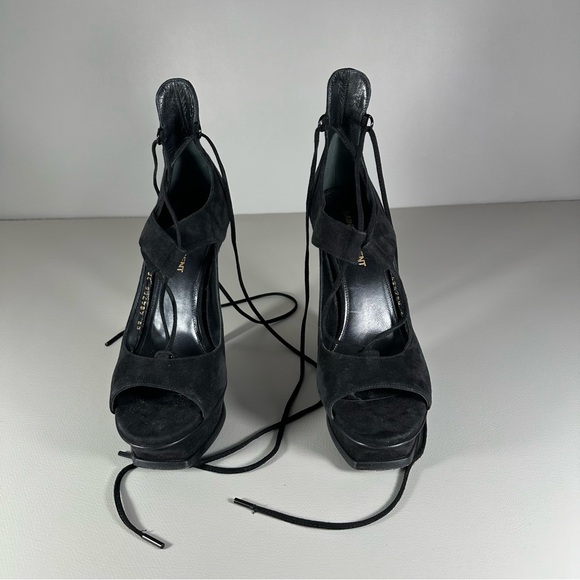 SAINT LAURENT PARIS Black Velvet Tribute 105 Platform Sandals - Picture 4 of 10